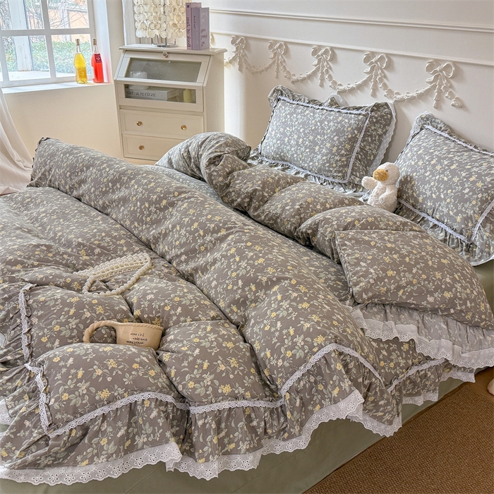 91家纺网 家纺一手货源 找家纺 吾欢心 2026新款古法水洗棉韩版公主风双层花边四件套 花间拾梦