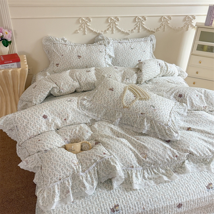 91家纺网 家纺一手货源 找家纺 吾欢心 2026新款古法水洗棉韩版公主风双层花边四件套 晚安狗