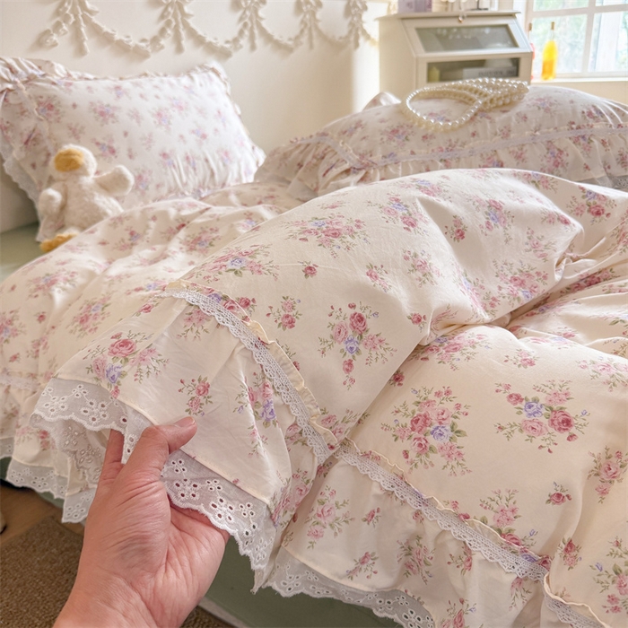 吾欢心 2026新款古法水洗棉韩版公主风双层花边四件套 花园漫步