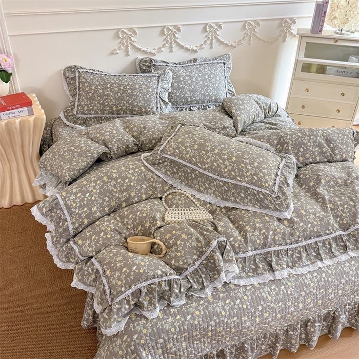 91家纺网 家纺一手货源 找家纺 吾欢心 2026新款古法水洗棉韩版公主风双层花边四件套 花间拾梦