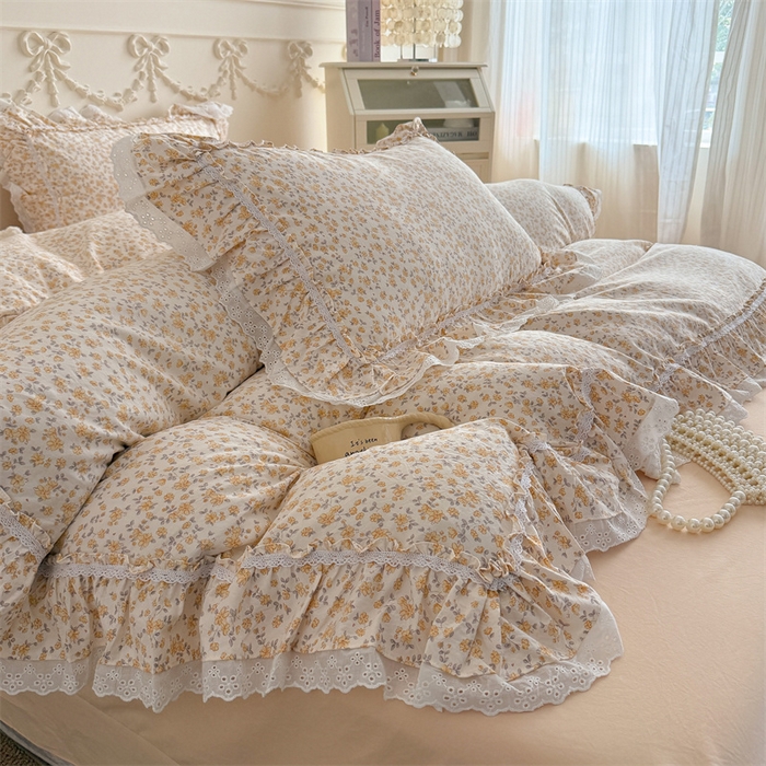 91家纺网 家纺一手货源 找家纺 吾欢心 2026新款古法水洗棉韩版公主风双层花边四件套 梨花梦