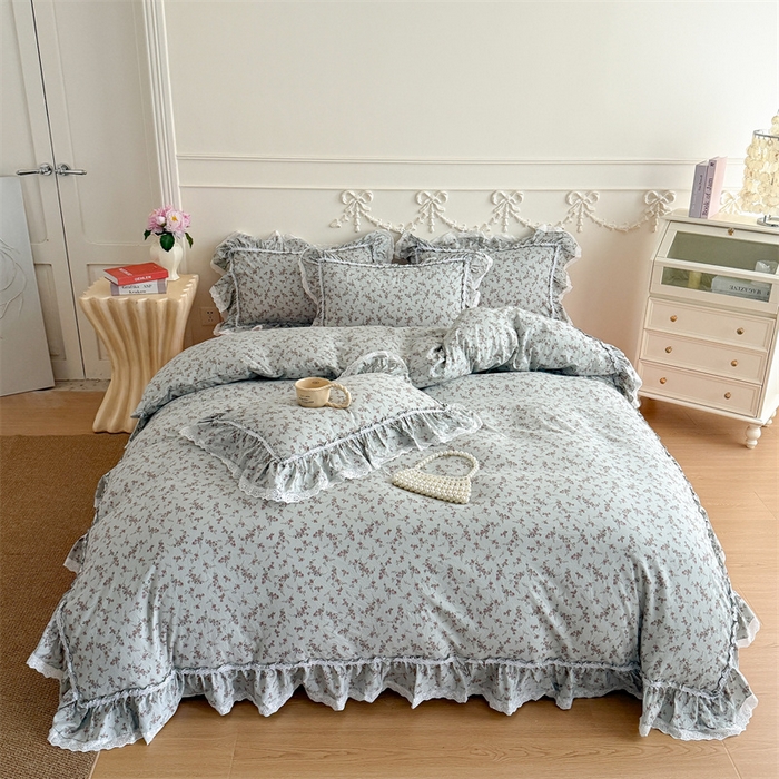 91家纺网 家纺一手货源 找家纺 吾欢心 2026新款古法水洗棉韩版公主风双层花边四件套 嫣然如梦