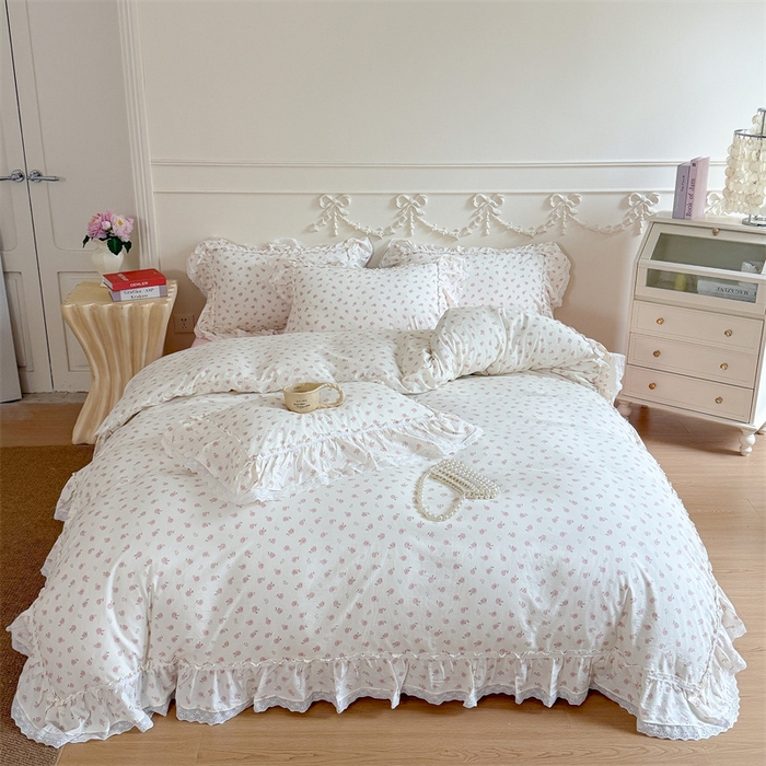 91家纺网 家纺一手货源 找家纺 吾欢心 2026新款古法水洗棉韩版公主风双层花边四件套 花仙子