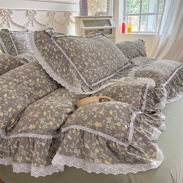 91家纺网 家纺一手货源 找家纺 吾欢心 2026新款古法水洗棉韩版公主风双层花边四件套 花间拾梦