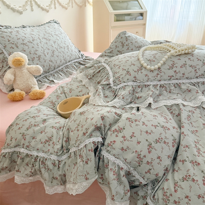 91家纺网 家纺一手货源 找家纺 吾欢心 2026新款古法水洗棉韩版公主风双层花边四件套 嫣然如梦