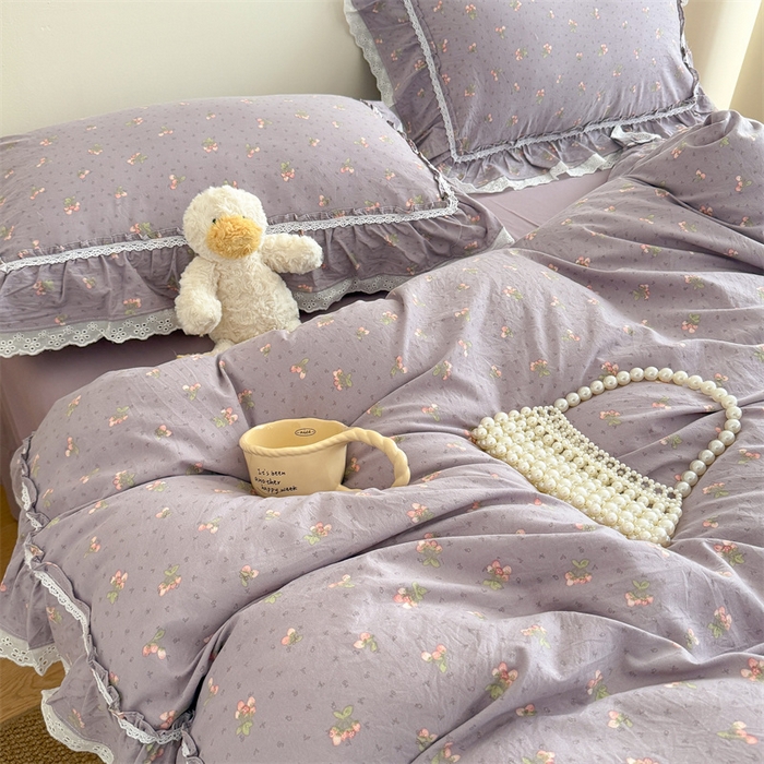 91家纺网 家纺一手货源 找家纺 吾欢心 2026新款古法水洗棉韩版公主风双层花边四件套 露花浓