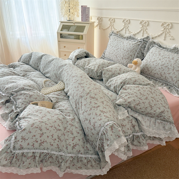 91家纺网 家纺一手货源 找家纺 吾欢心 2026新款古法水洗棉韩版公主风双层花边四件套 嫣然如梦