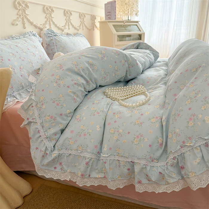 91家纺网 家纺一手货源 找家纺 吾欢心 2026新款古法水洗棉韩版公主风双层花边四件套 花开半夏