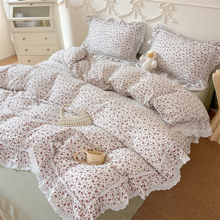 91家纺网 家纺一手货源 找家纺 吾欢心 2026新款古法水洗棉韩版公主风双层花边四件套 赫拉花园