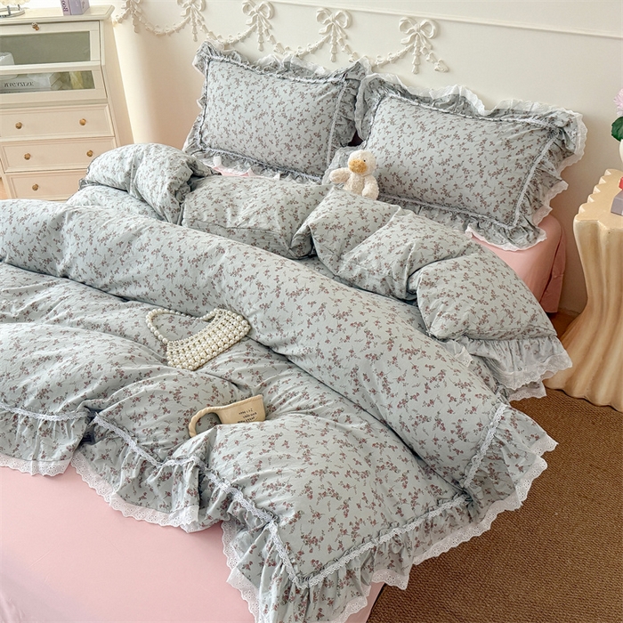 91家纺网 家纺一手货源 找家纺 吾欢心 2026新款古法水洗棉韩版公主风双层花边四件套 嫣然如梦