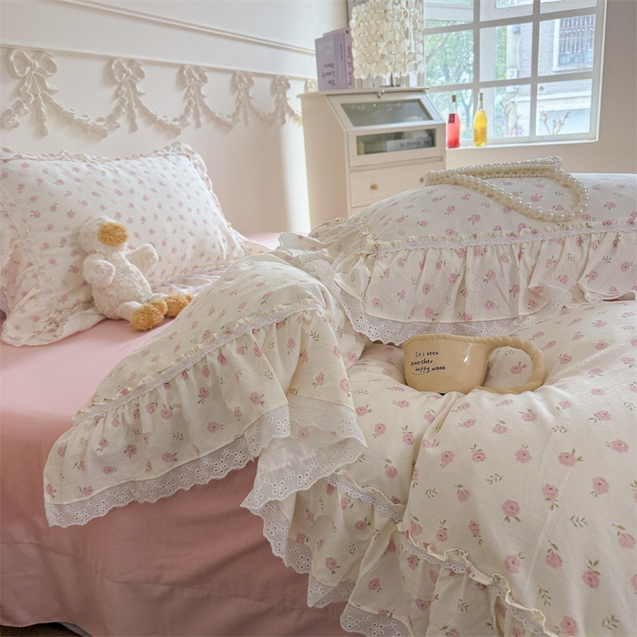 91家纺网 家纺一手货源 找家纺 吾欢心 2026新款古法水洗棉韩版公主风双层花边四件套 花仙子