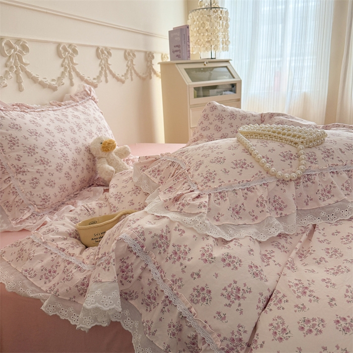 91家纺网 家纺一手货源 找家纺 吾欢心 2026新款古法水洗棉韩版公主风双层花边四件套 花韵