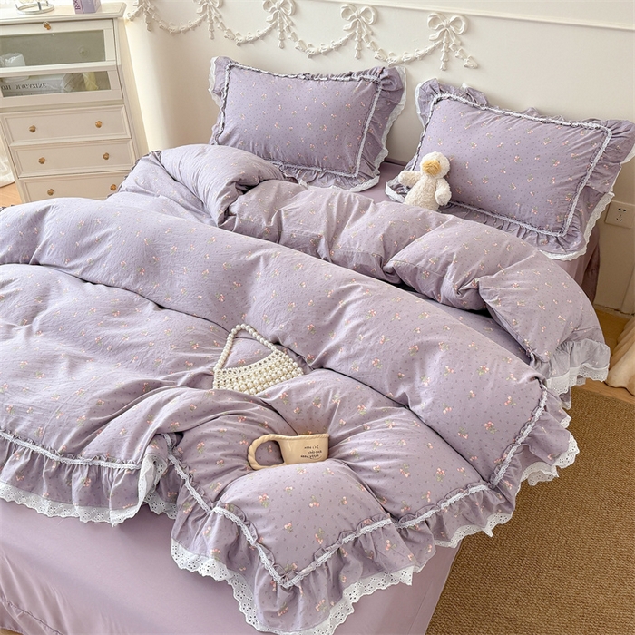 91家纺网 家纺一手货源 找家纺 吾欢心 2026新款古法水洗棉韩版公主风双层花边四件套 露花浓