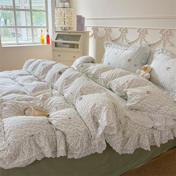 91家纺网 家纺一手货源 找家纺 吾欢心 2026新款古法水洗棉韩版公主风双层花边四件套 晚安狗