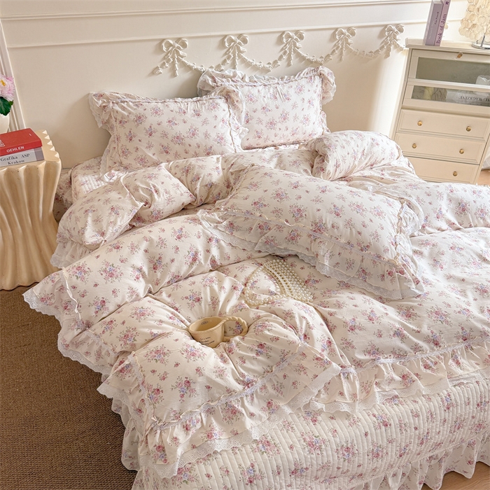 91家纺网 家纺一手货源 找家纺 吾欢心 2026新款古法水洗棉韩版公主风双层花边四件套 花园漫步