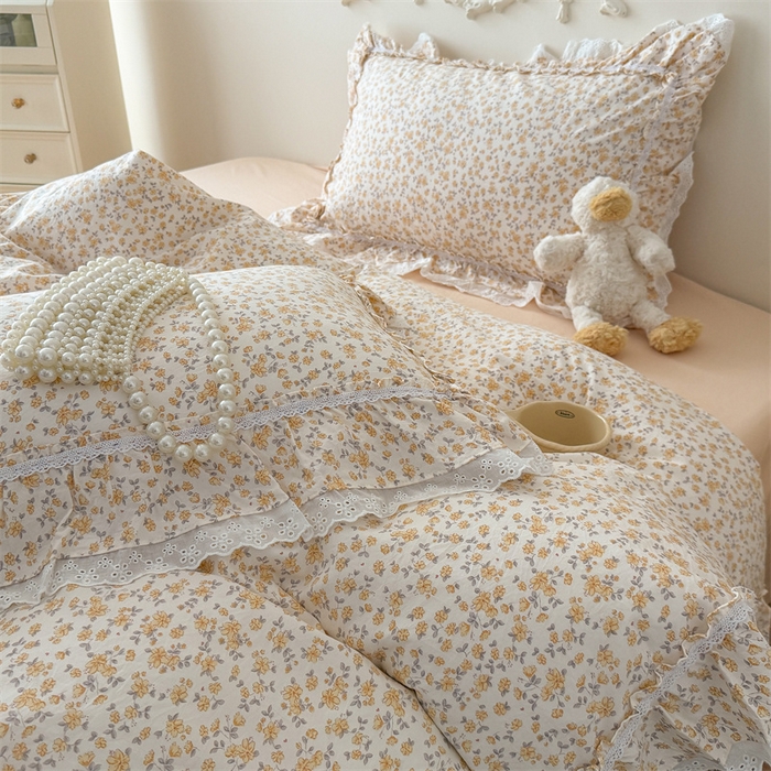 91家纺网 家纺一手货源 找家纺 吾欢心 2026新款古法水洗棉韩版公主风双层花边四件套 梨花梦