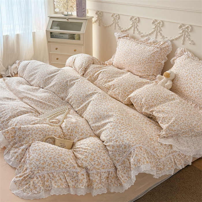 91家纺网 家纺一手货源 找家纺 吾欢心 2026新款古法水洗棉韩版公主风双层花边四件套 梨花梦