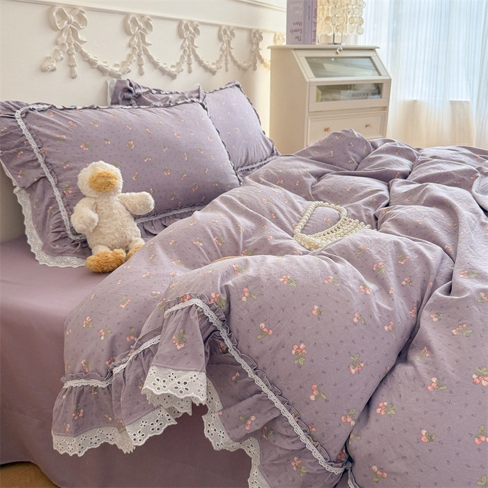 91家纺网 家纺一手货源 找家纺 吾欢心 2026新款古法水洗棉韩版公主风双层花边四件套 露花浓