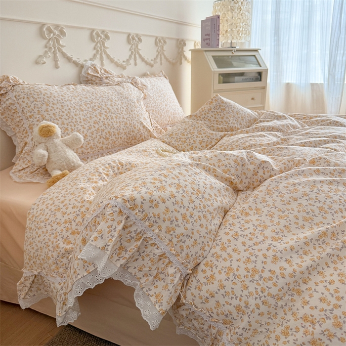 91家纺网 家纺一手货源 找家纺 吾欢心 2026新款古法水洗棉韩版公主风双层花边四件套 梨花梦