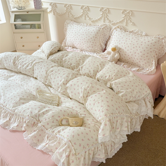 91家纺网 家纺一手货源 找家纺 吾欢心 2026新款古法水洗棉韩版公主风双层花边四件套 花仙子