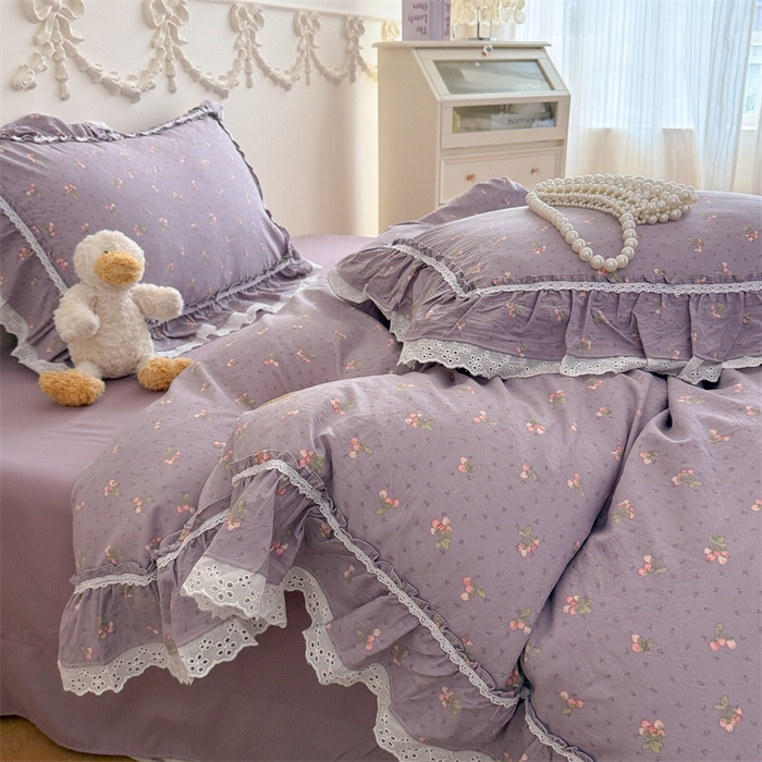 91家纺网 家纺一手货源 找家纺 吾欢心 2026新款古法水洗棉韩版公主风双层花边四件套 露花浓