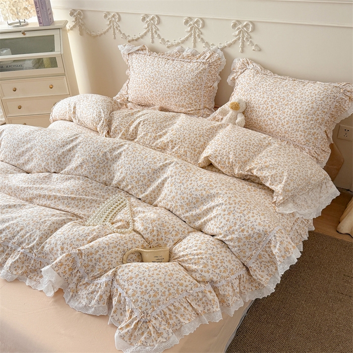 91家纺网 家纺一手货源 找家纺 吾欢心 2026新款古法水洗棉韩版公主风双层花边四件套 梨花梦