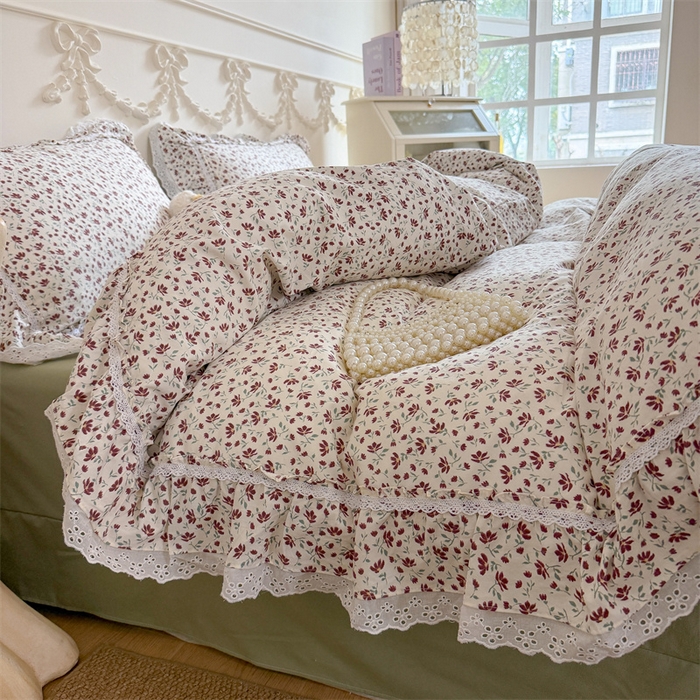 91家纺网 家纺一手货源 找家纺 吾欢心 2026新款古法水洗棉韩版公主风双层花边四件套 赫拉花园