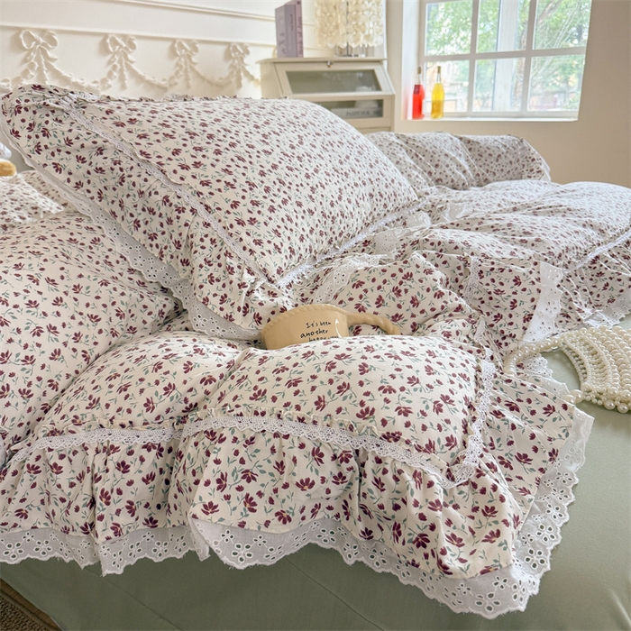 91家纺网 家纺一手货源 找家纺 吾欢心 2026新款古法水洗棉韩版公主风双层花边四件套 赫拉花园