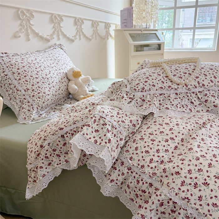 91家纺网 家纺一手货源 找家纺 吾欢心 2026新款古法水洗棉韩版公主风双层花边四件套 赫拉花园