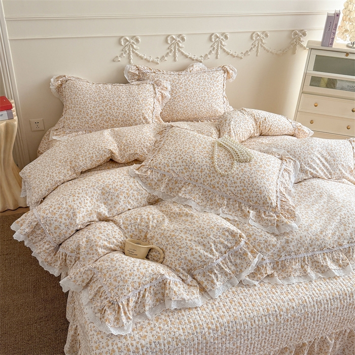 91家纺网 家纺一手货源 找家纺 吾欢心 2026新款古法水洗棉韩版公主风双层花边四件套 梨花梦