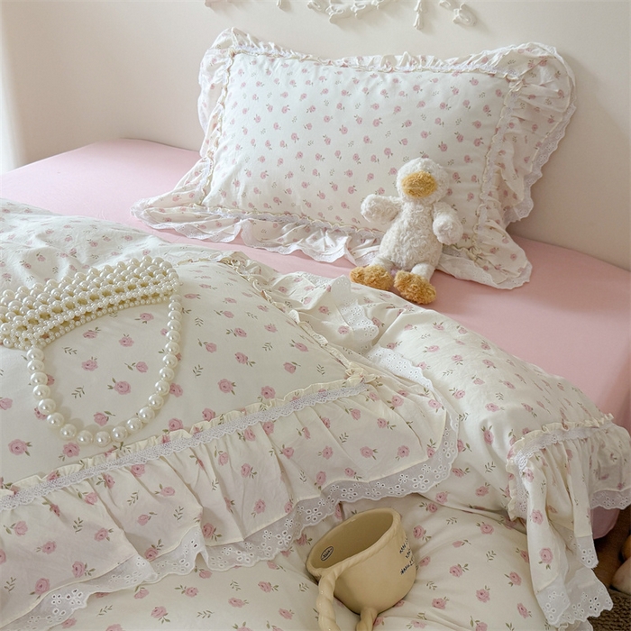 91家纺网 家纺一手货源 找家纺 吾欢心 2026新款古法水洗棉韩版公主风双层花边四件套 花仙子