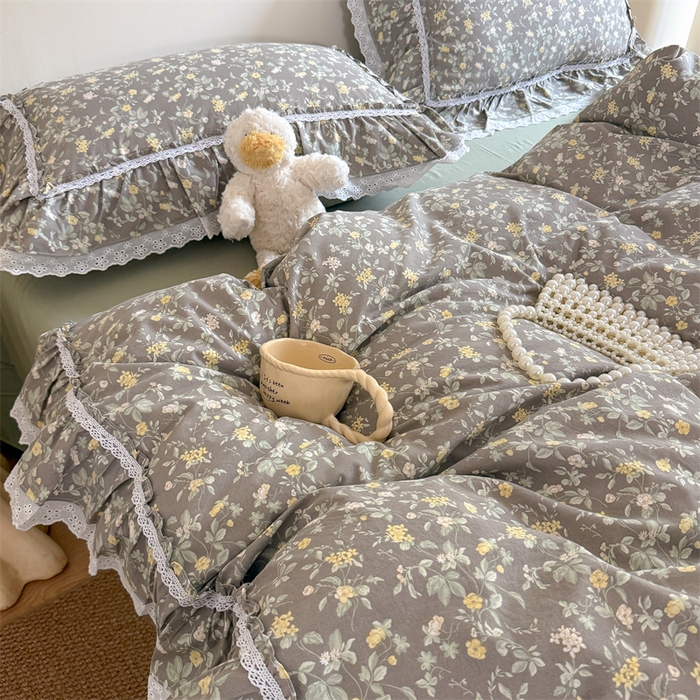 91家纺网 家纺一手货源 找家纺 吾欢心 2026新款古法水洗棉韩版公主风双层花边四件套 花间拾梦