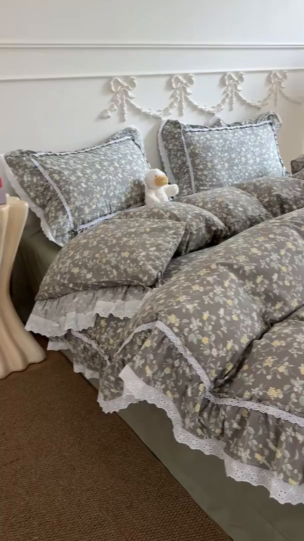 91家纺网 家纺一手货源 找家纺 吾欢心 2026新款古法水洗棉韩版公主风双层花边四件套 花间拾梦