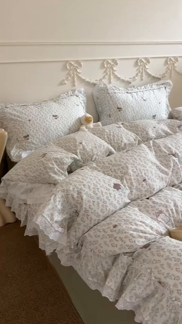 91家纺网 家纺一手货源 找家纺 吾欢心 2026新款古法水洗棉韩版公主风双层花边四件套 晚安狗