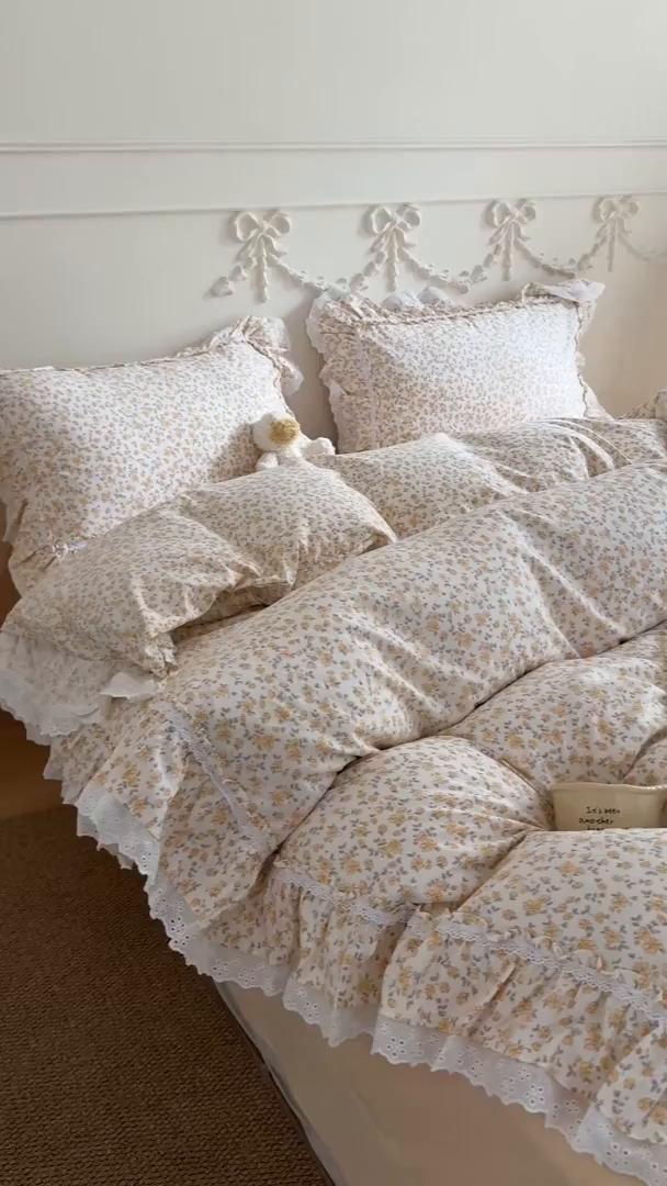 91家纺网 家纺一手货源 找家纺 吾欢心 2026新款古法水洗棉韩版公主风双层花边四件套 梨花梦