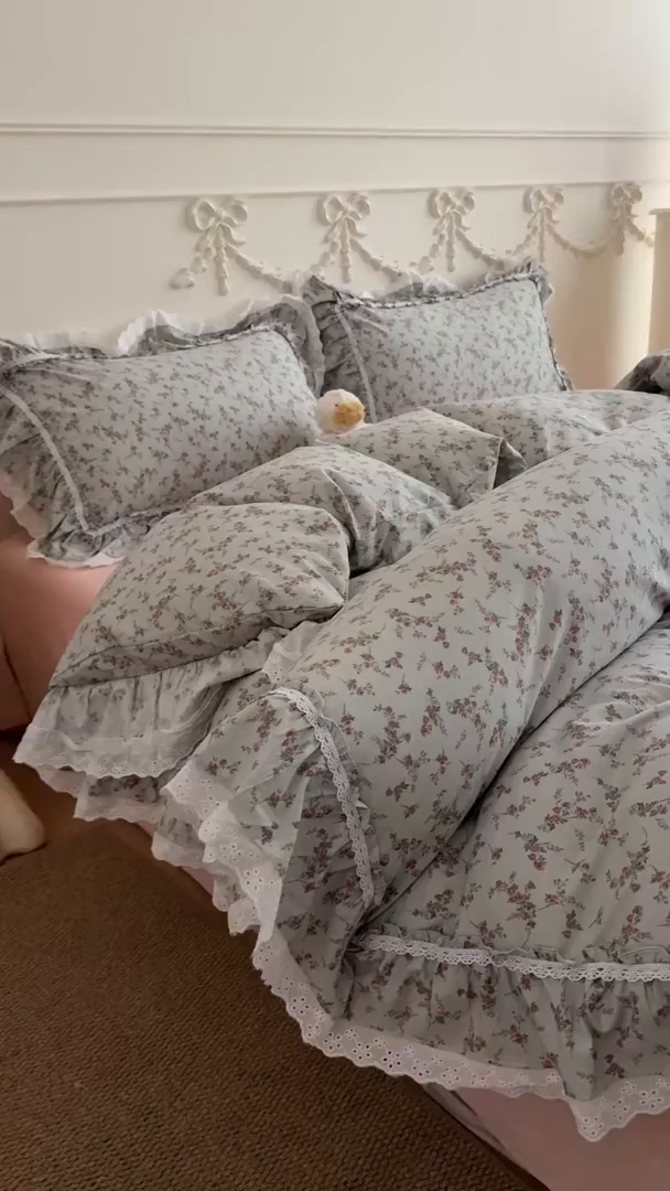 91家纺网 家纺一手货源 找家纺 吾欢心 2026新款古法水洗棉韩版公主风双层花边四件套 嫣然如梦