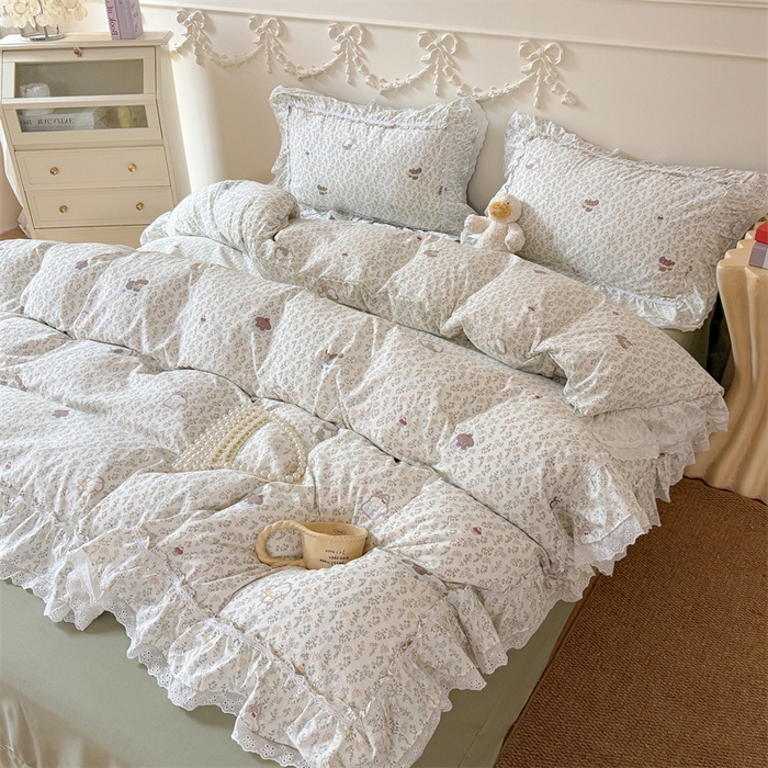 91家纺网 家纺一手货源 找家纺 吾欢心 2026新款古法水洗棉韩版公主风双层花边四件套 晚安狗