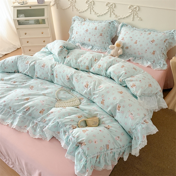 91家纺网 家纺一手货源 找家纺 吾欢心 2026新款古法水洗棉韩版公主风双层花边四件套 花园小熊