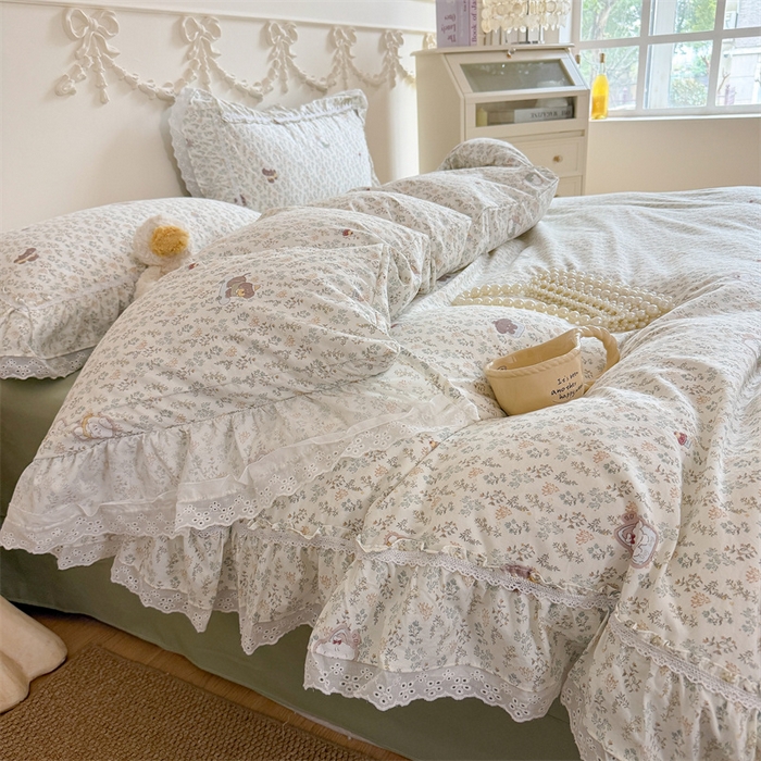 91家纺网 家纺一手货源 找家纺 吾欢心 2026新款古法水洗棉韩版公主风双层花边四件套 晚安狗