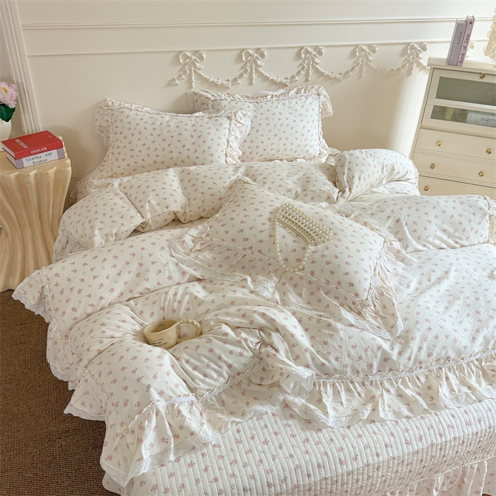 91家纺网 家纺一手货源 找家纺 吾欢心 2026新款古法水洗棉韩版公主风双层花边四件套 花仙子