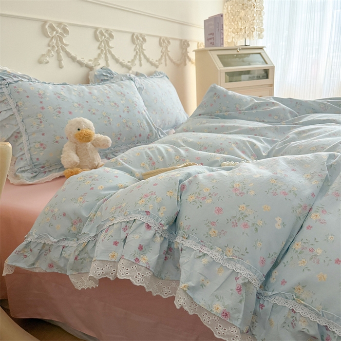 91家纺网 家纺一手货源 找家纺 吾欢心 2026新款古法水洗棉韩版公主风双层花边四件套 花开半夏