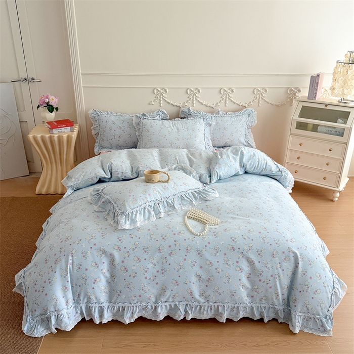 91家纺网 家纺一手货源 找家纺 吾欢心 2026新款古法水洗棉韩版公主风双层花边四件套 花开半夏