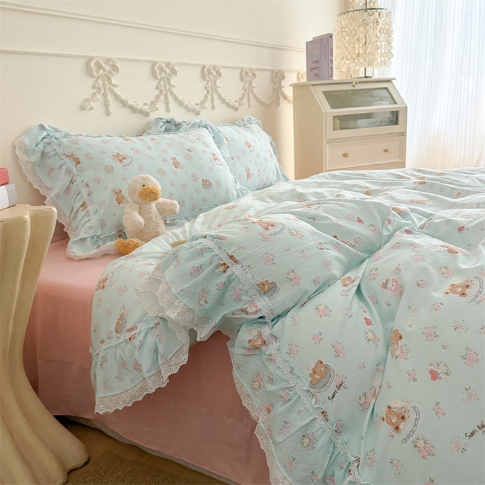 91家纺网 家纺一手货源 找家纺 吾欢心 2026新款古法水洗棉韩版公主风双层花边四件套 花园小熊