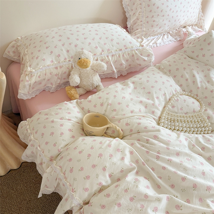 91家纺网 家纺一手货源 找家纺 吾欢心 2026新款古法水洗棉韩版公主风双层花边四件套 花仙子