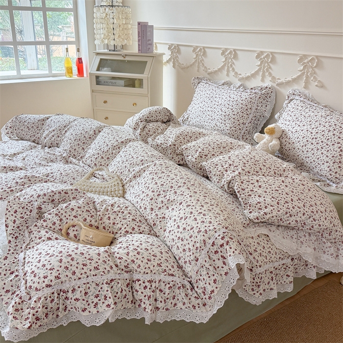 91家纺网 家纺一手货源 找家纺 吾欢心 2026新款古法水洗棉韩版公主风双层花边四件套 赫拉花园