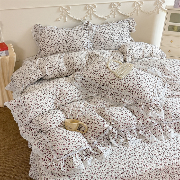 91家纺网 家纺一手货源 找家纺 吾欢心 2026新款古法水洗棉韩版公主风双层花边四件套 赫拉花园