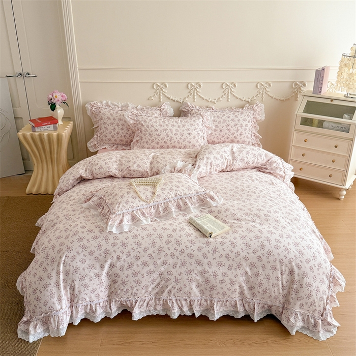 91家纺网 家纺一手货源 找家纺 吾欢心 2026新款古法水洗棉韩版公主风双层花边四件套 花韵