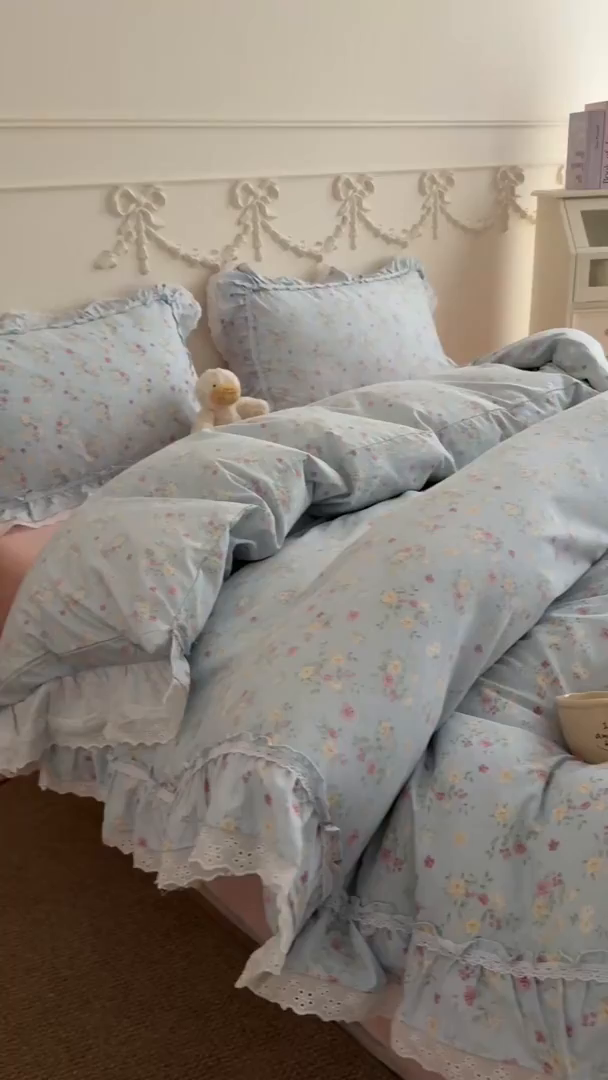 91家纺网 家纺一手货源 找家纺 吾欢心 2026新款古法水洗棉韩版公主风双层花边四件套 花开半夏