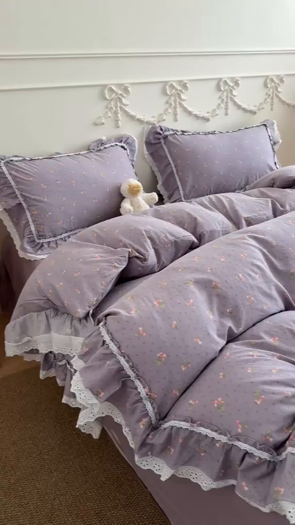 91家纺网 家纺一手货源 找家纺 吾欢心 2026新款古法水洗棉韩版公主风双层花边四件套 露花浓