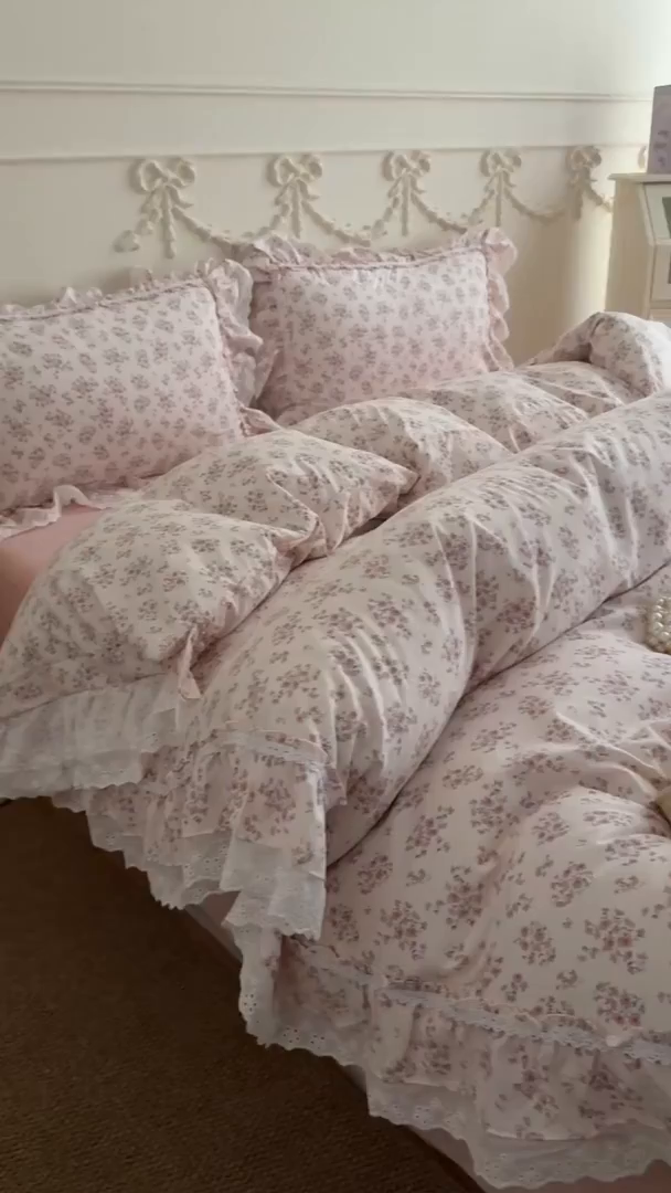 91家纺网 家纺一手货源 找家纺 吾欢心 2026新款古法水洗棉韩版公主风双层花边四件套 花韵